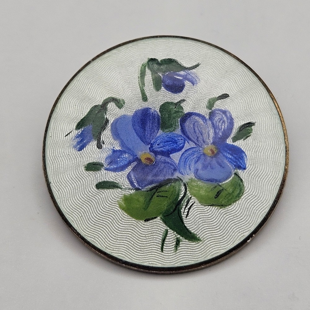 Opro Norway Sterling Silver Guilloche Enamel Hand Painted Violet Flower Brooch